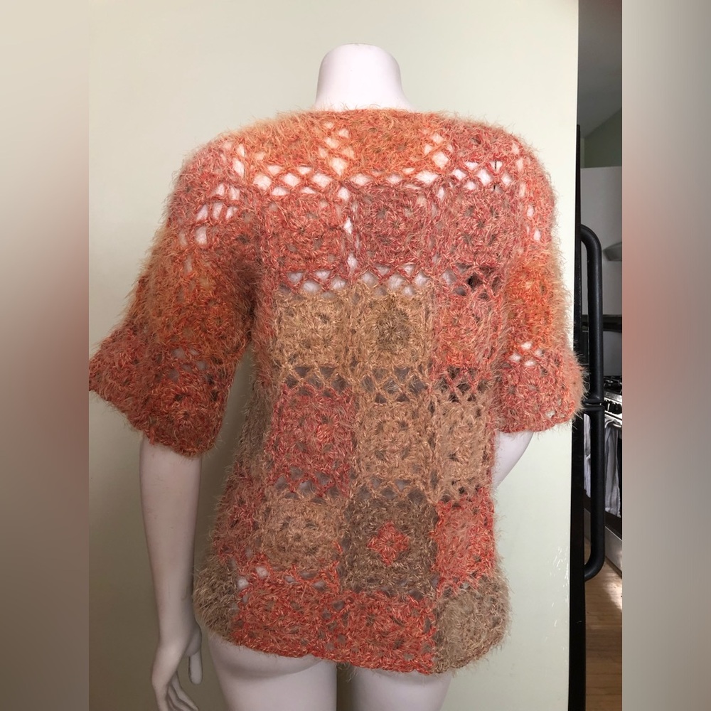 Fuzzy Peach Granny Square Hand Knit Sweater-Large